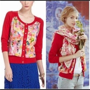 Anthropologie HWR Monogram Watercolor Floral Long Sleeves Cardigan Size Medium